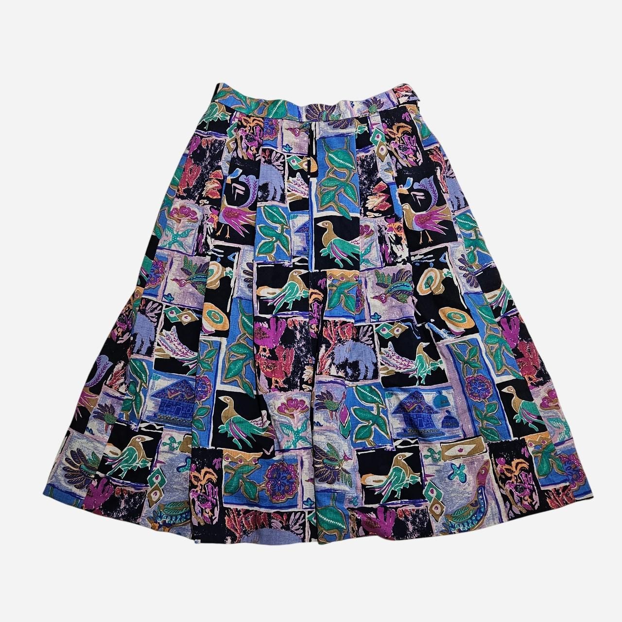 Vintage Boho Whimsigoth Pleated Bird Floral Print Midi Skirt